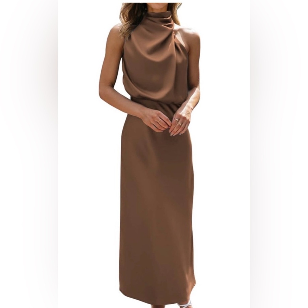 Satin Halter Neck Maxi Dress in Brown